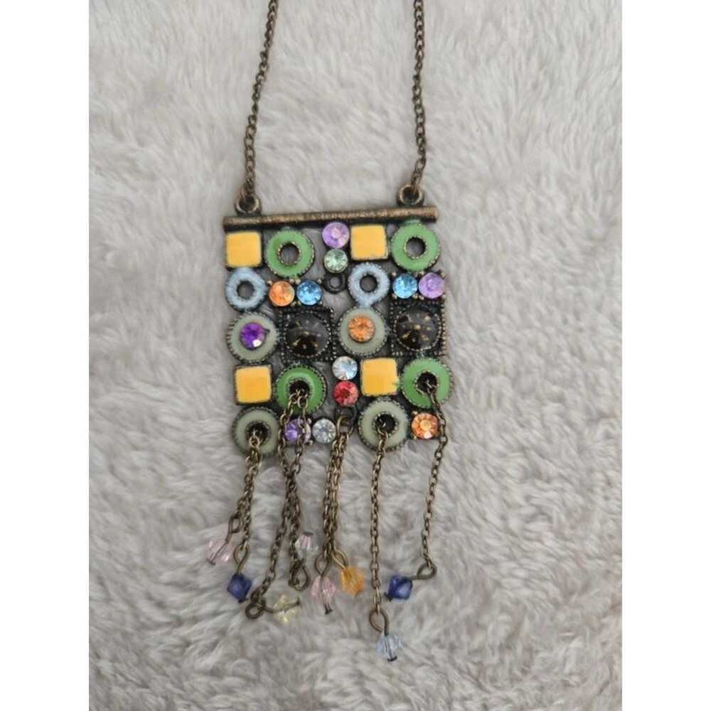 Vintage Mosaic Pendant Necklace Geometric Colorful Crystal Bead Fringe Brass